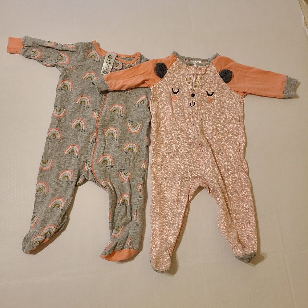 2pc GERBER PINK/GRAY ZIP ONE PIECE FOOTIE PAJAMAS 3-6M